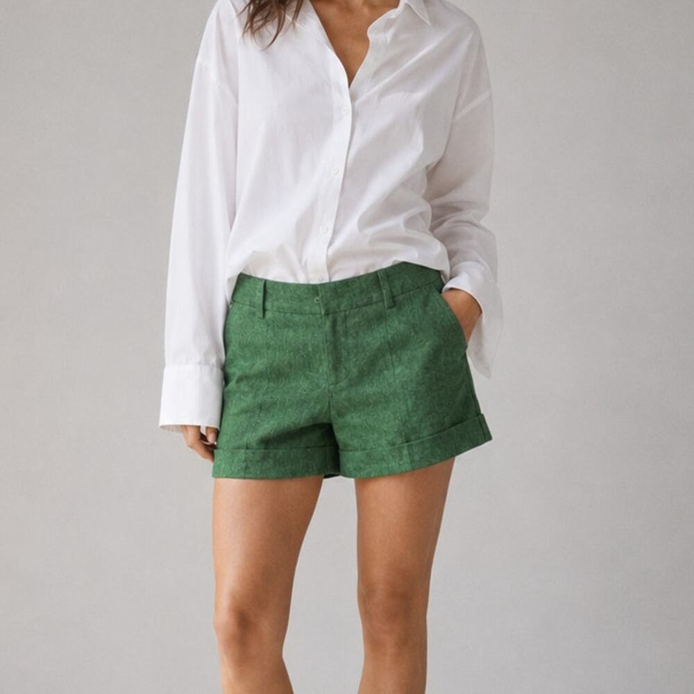 Veronica Beard Linen Cotton Blend Tailored Cuffed Short Women’s 0 Green Mid-rise
